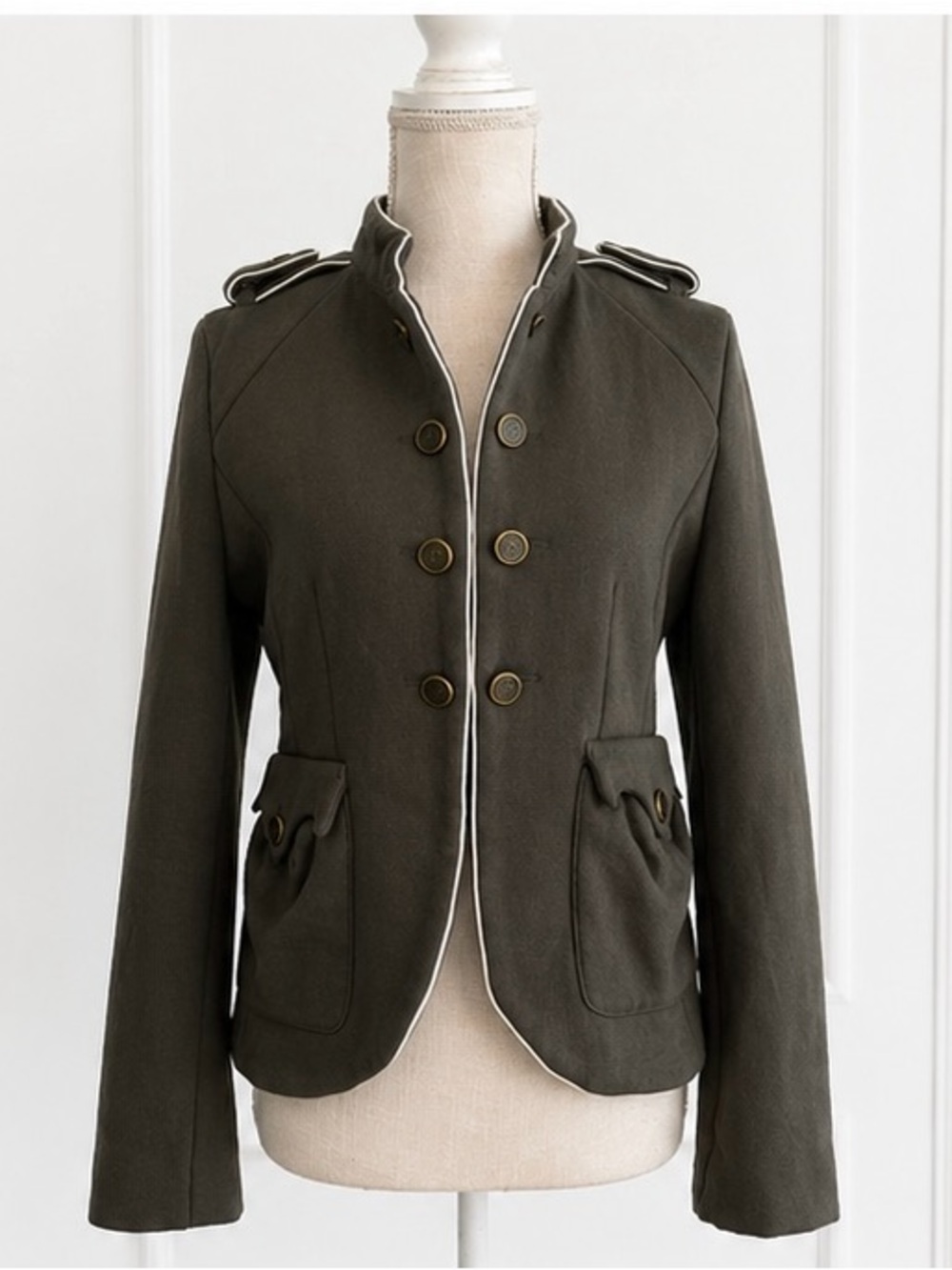 Olive Military-Style Blazer with White Piping